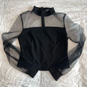 Black mock turtleneck with mesh sleeves and chest